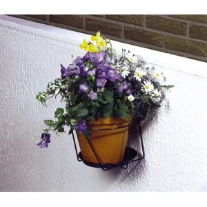 Anthrazit Mauer-Topfhalter mit gelbem Topf und bunten Blumen, Ø 18 cm.