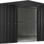 Metall Gerätehaus 10x8 in Anthrazit von Globel Industries mit geöffneter Tür.