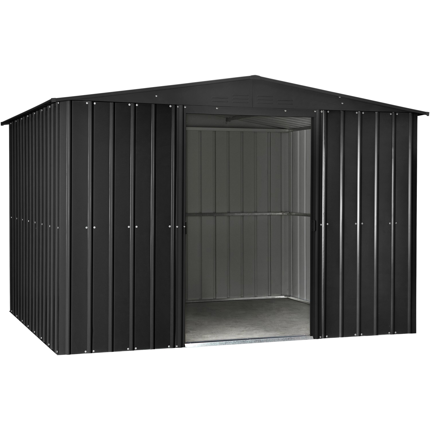 Metall Gerätehaus 10x8 in Anthrazit von Globel Industries mit geöffneter Tür.