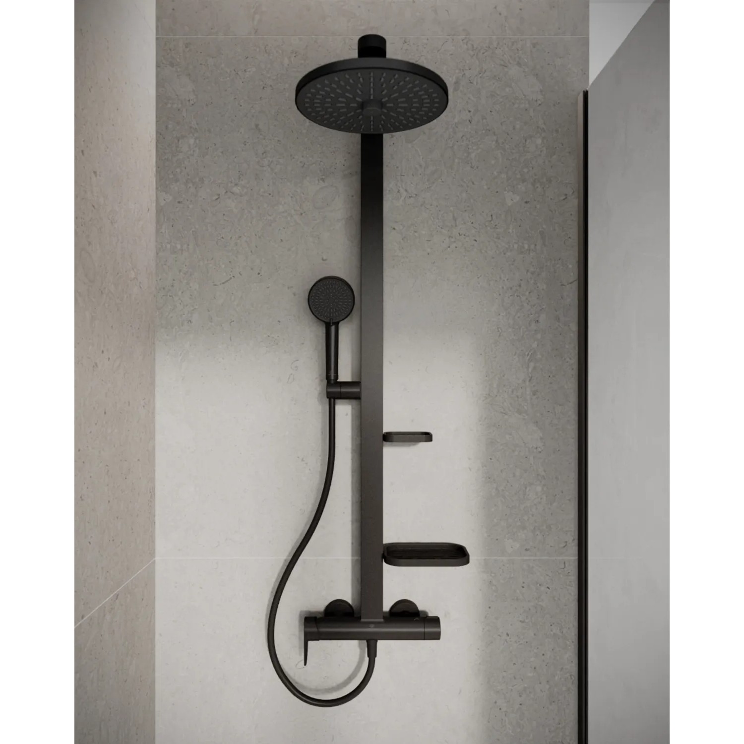 Ideal Standard Duschsystem in Schwarz Matt mit Kopf- und Handbrause, sowie Einhebel-Armatur.