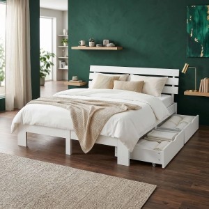 Weißes Holzbett 140x200 cm mit Lattenrost und zwei ausziehbaren Bettkästen für Stauraum im Schlafzimmer.