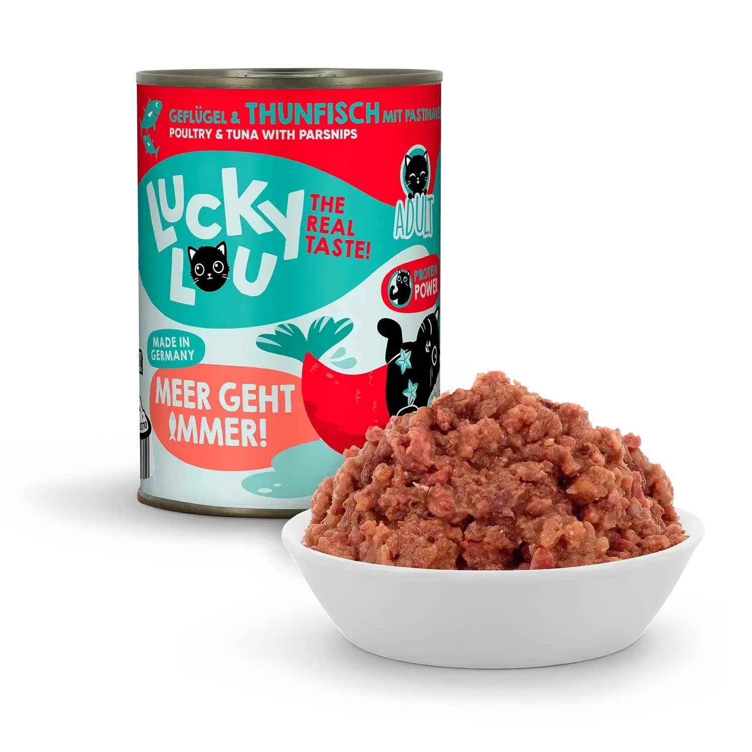 Lucky Lou Katzen-Nassfutter Adult Geflügel & Thunfisch, 400g Dose mit Futter in Schale.