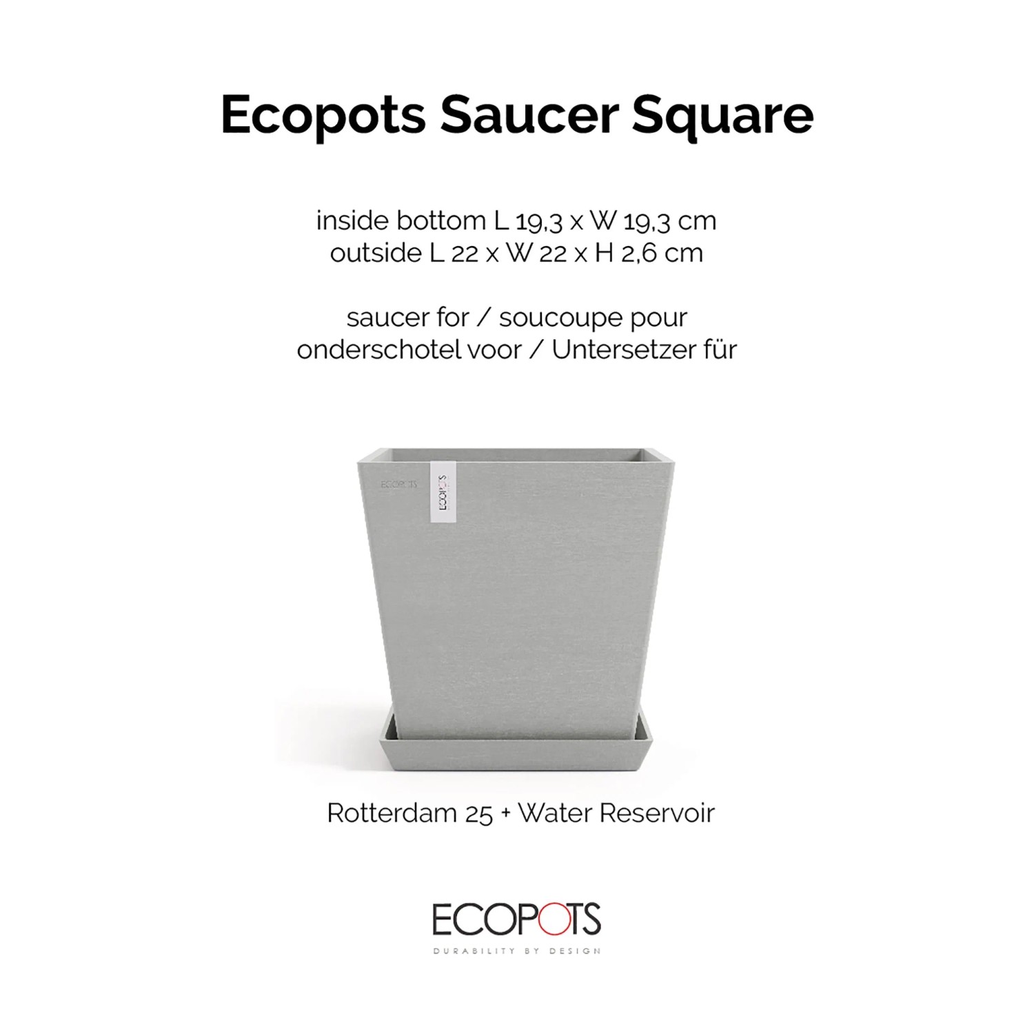 Ecopots Untersetzer Rotterdam, weißgrau, 22cm. Quadratischer Pflanzuntersetzer für Innen- und Außenbereich.