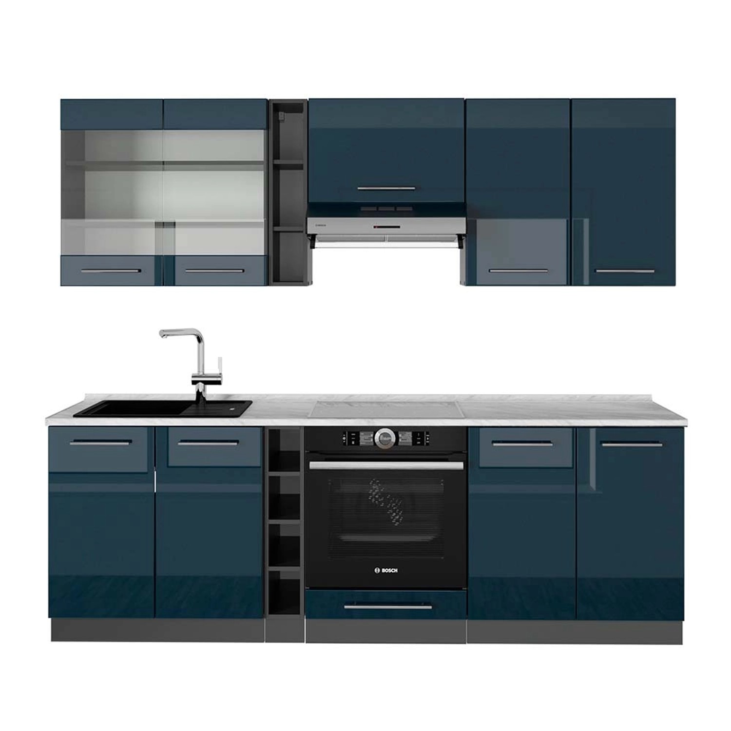Vicco Fame-Line Küchenzeile Dunkelblau Hochglanz/Anthrazit 235 cm AP Marmor günstig online kaufen