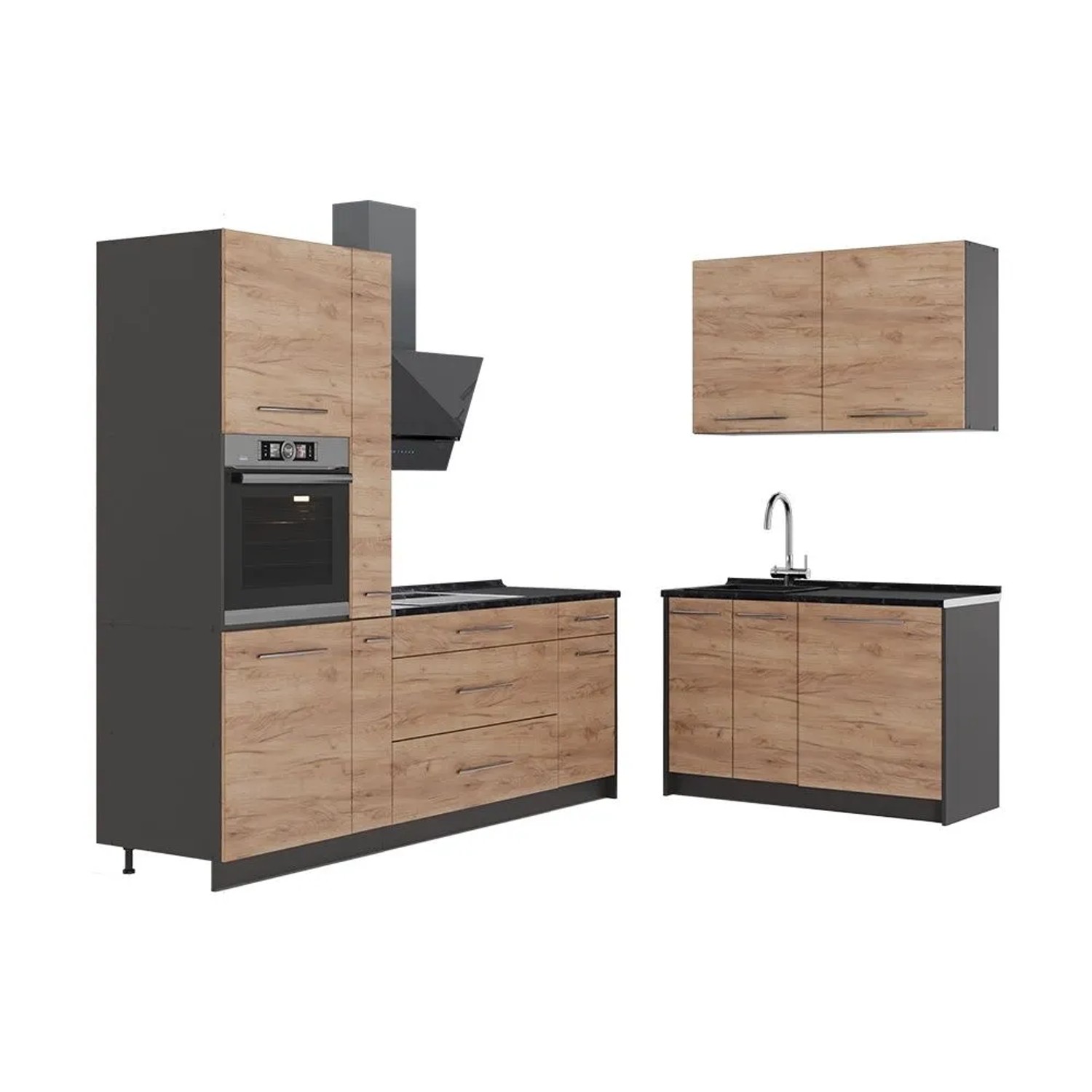 Vicco Küchenzeile Fame-Line Goldkraft Eiche/Anthrazit 220 x 207 ohne Arbeitsplatte Art Nr 64950