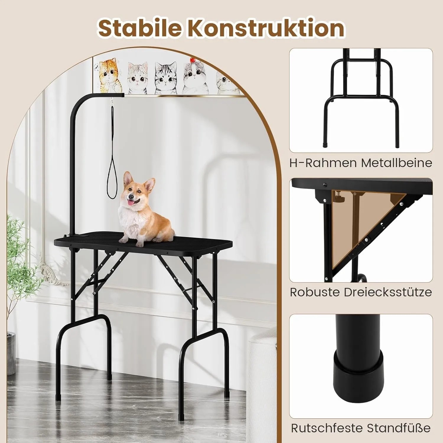 Costway Hundepflegetisch, klappbar, mit Hund. Trimmtisch in Schwarz, 80,5x46x76,5 cm.