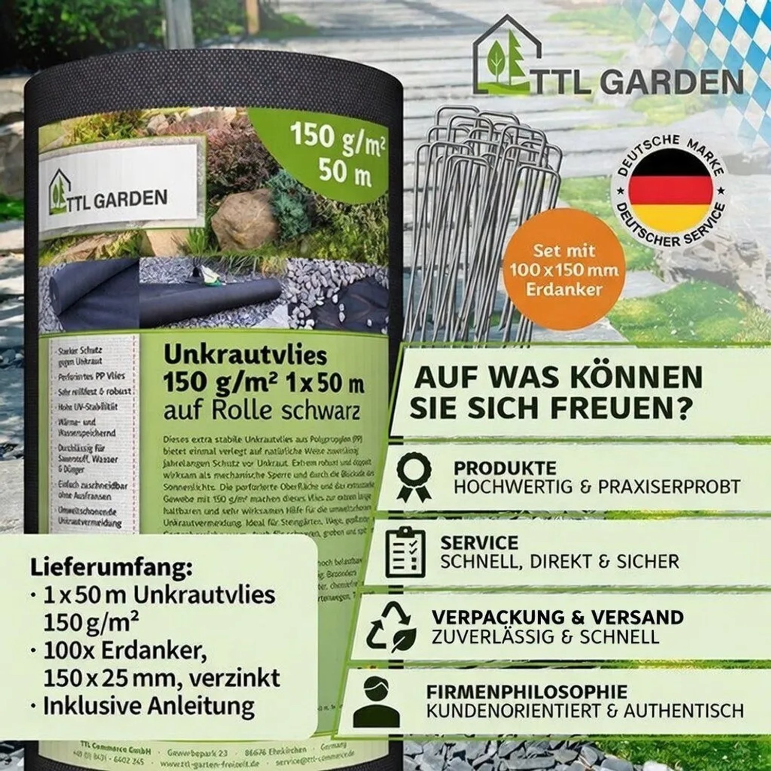 TTL Garden Unkrautvlies 150g/m², 1x50m Rolle mit 100 Erdankern. Gartenvlies zur Unkrautbekämpfung, schwarz.
