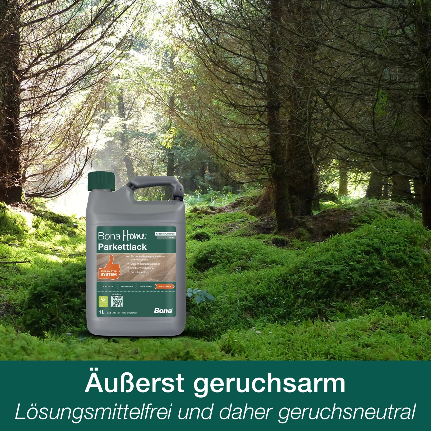 Bona Home Parkettlack Classic glänzend, 1 l Kanister vor Waldkulisse.