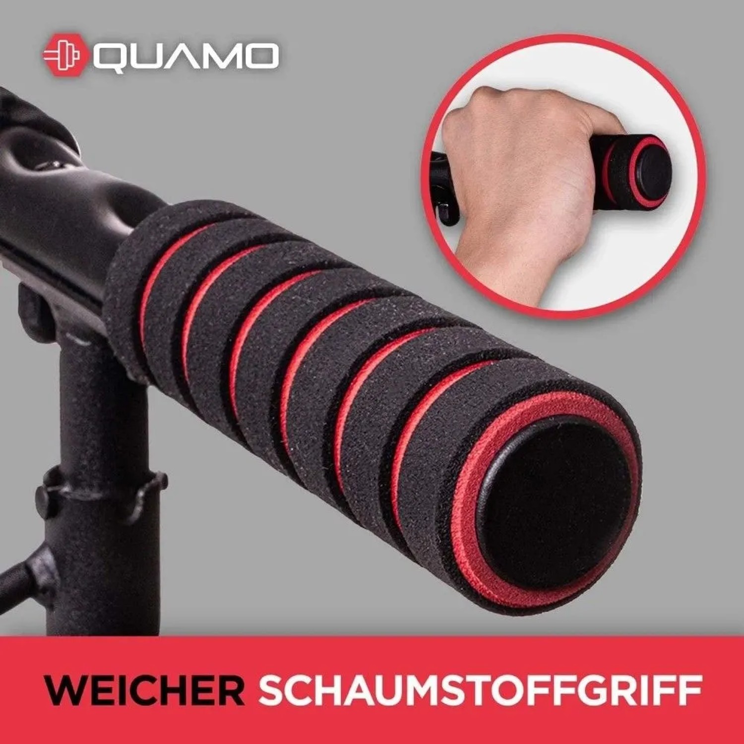 Detailaufnahme der Quamo Klimmzugstange mit rutschfestem Schaumstoffgriff.
