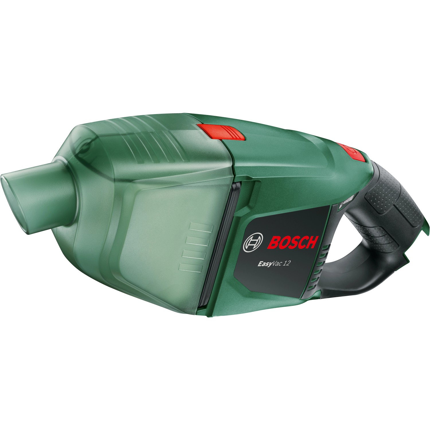 Bosch EasyVac 12 Akku-Handstaubsauger in Grün mit transparentem Staubbehälter.