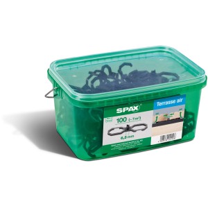 Spax Air Abstandhalter, 6,5 mm, schwarz, 100 Stück im grünen Behälter für Terrassendielen.