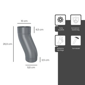 Zambelli Sockelknie DN 100, anthrazit verzinkt. Für Metall-Dachrinnen, überbrückt Vorsprünge. Robust, korrosionsbeständig, einfache Montage.