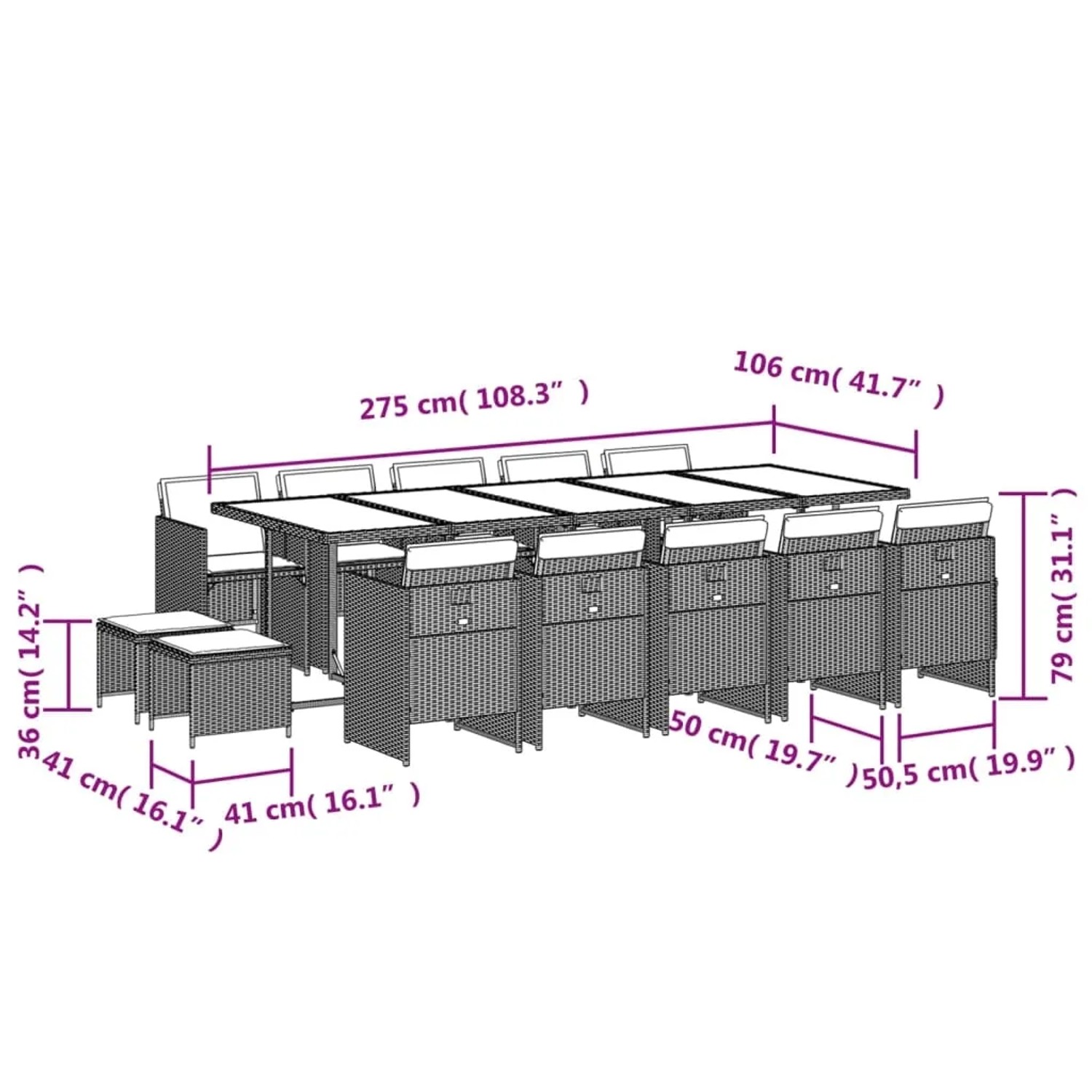 vidaXL Garten-Essgruppe, 15-teilig, grau, Poly Rattan, mit Tisch, Stühlen, Hockern und Kissen, Abmessungen sichtbar.