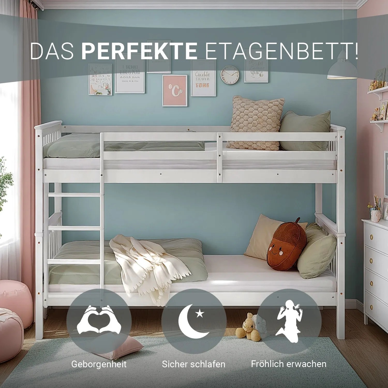 Weißes Homestyle4u Etagenbett aus Holz, 90x200 cm, für Kinder.