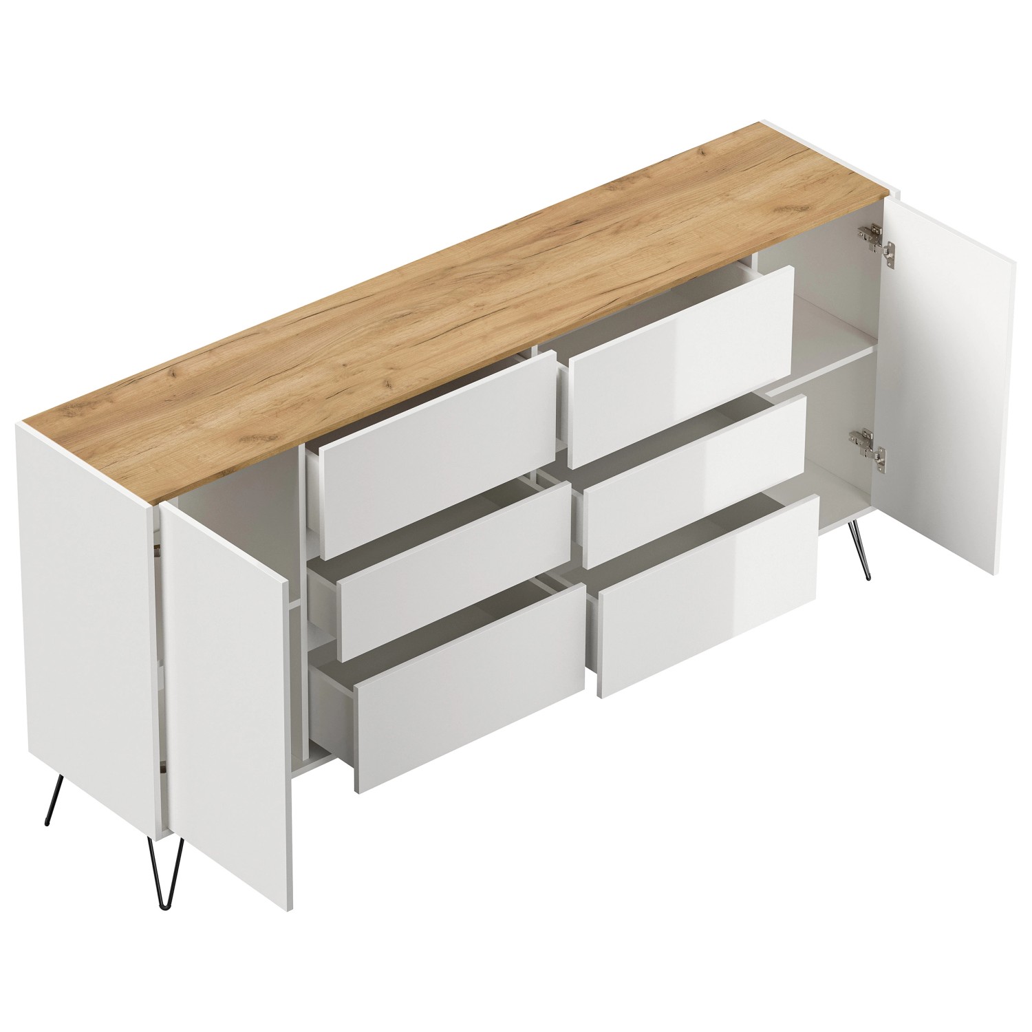 Posseik Sideboard Industrial R, weiß/Eiche, 200 cm, mit 6 Schubladen und 2 Türen.
