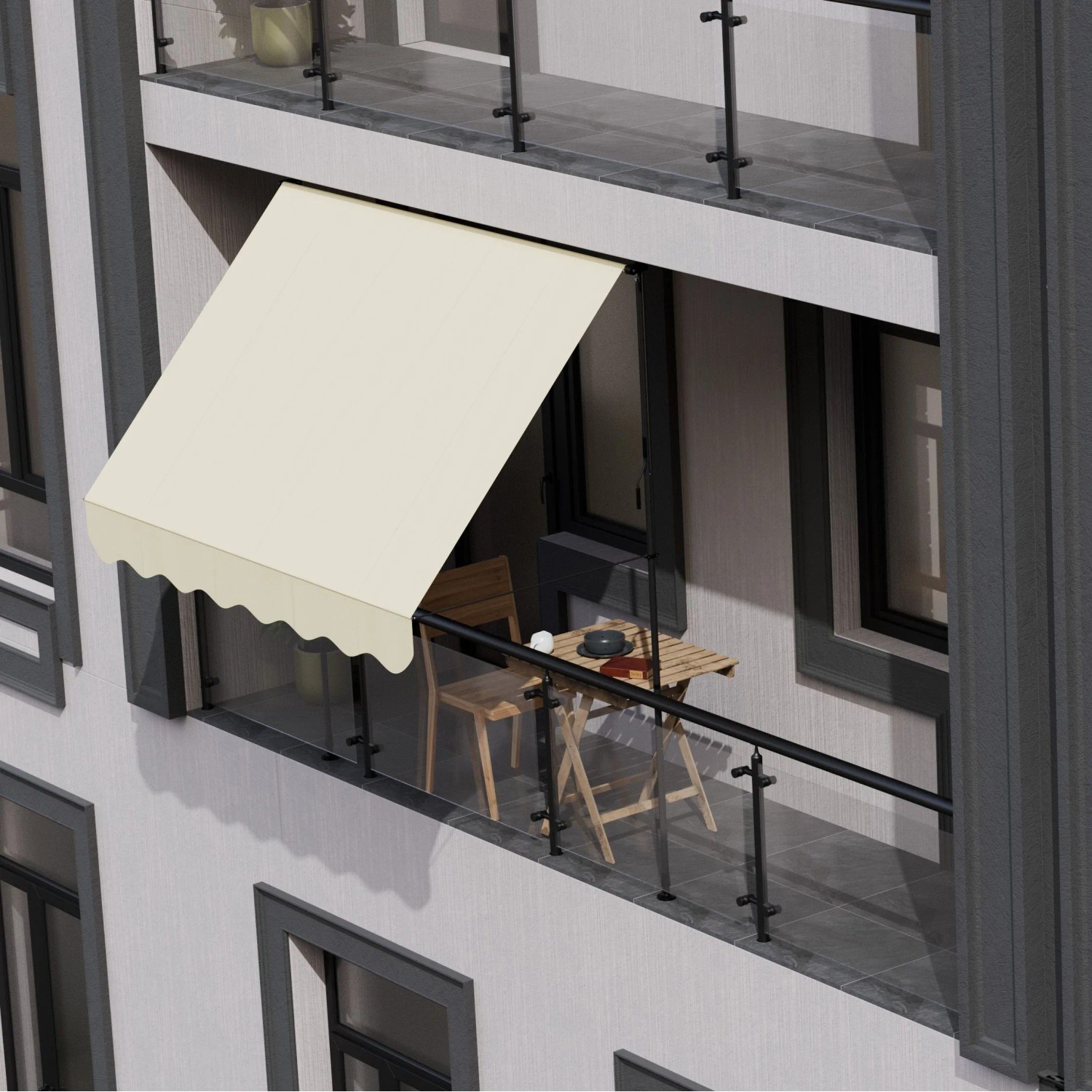 Beige Juskys Klemmmarkise Kapstadt 250x120 cm am Balkon mit Tisch und Stühlen.