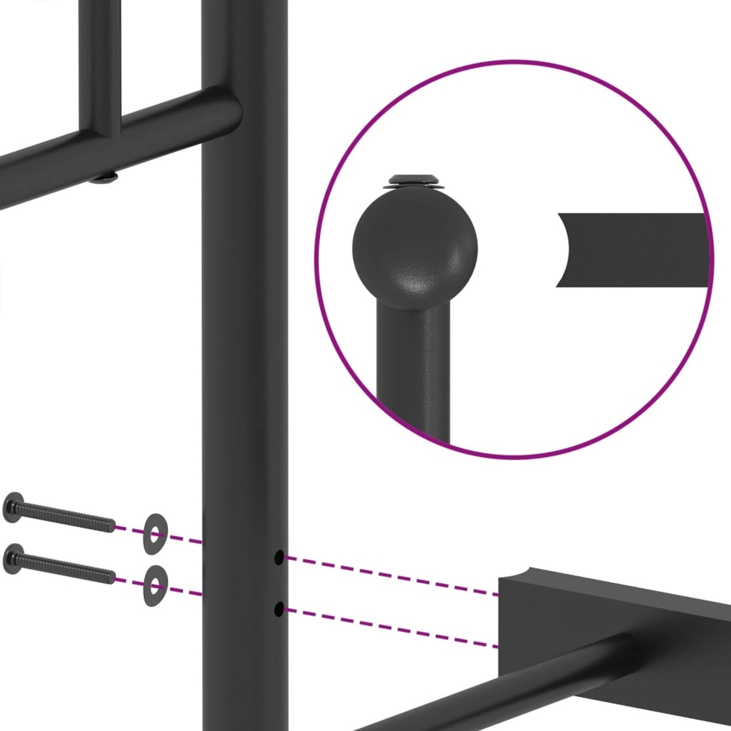 Detailaufnahme: Schwarzes Metall Bettgestell mit Kopf- und Fußteil, Schrauben und Montage.