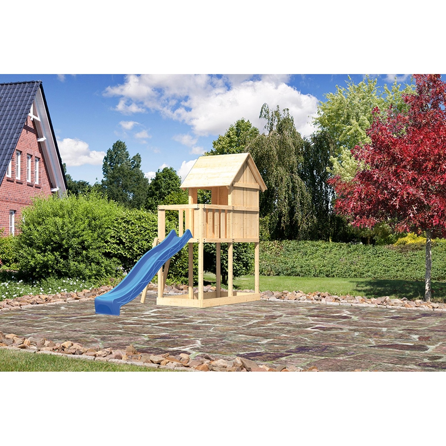 Karibu Kinderspielhaus Frieda Set Aktion 2 naturb. m. Anbau u. Rutsche Blau günstig online kaufen