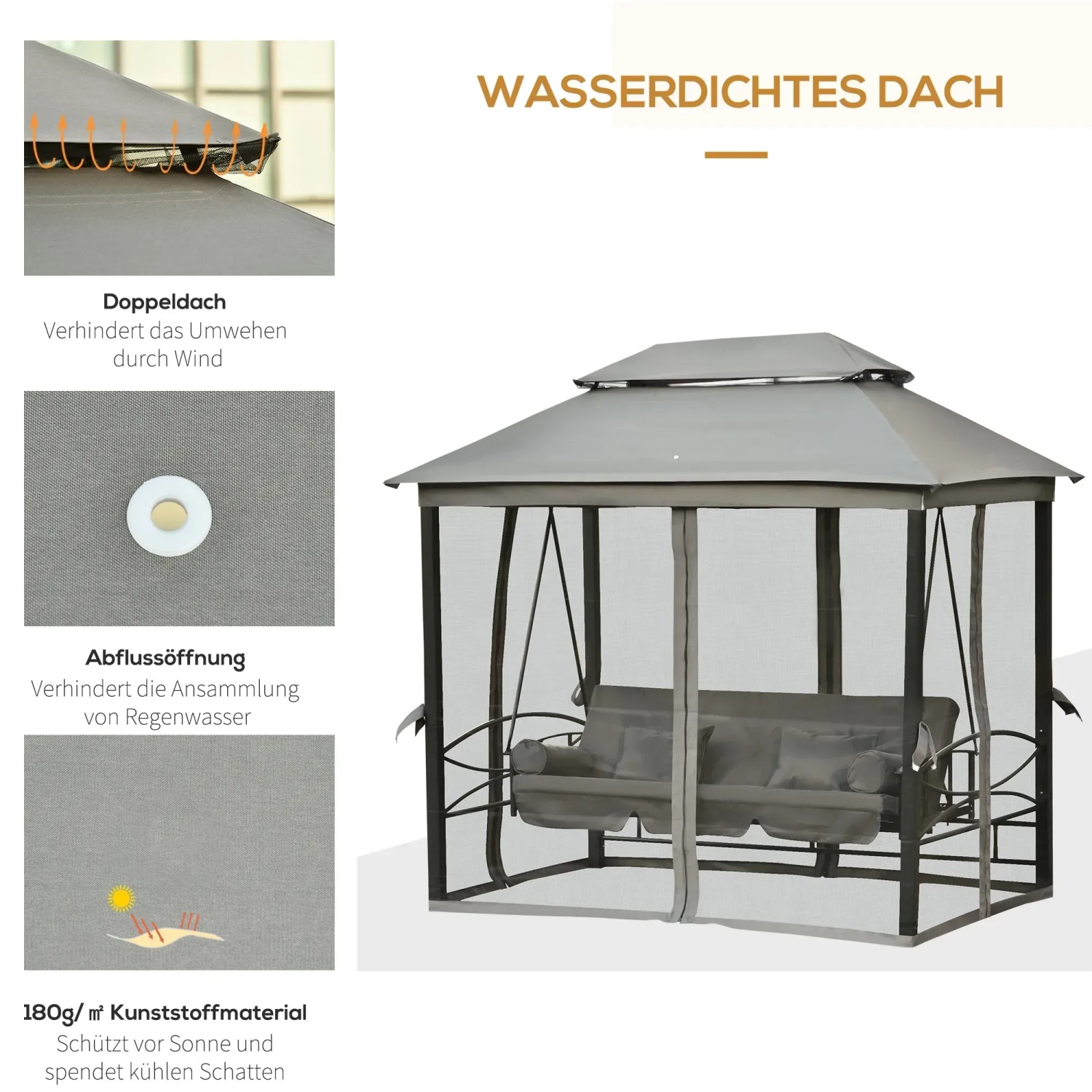 Dunkelgraue Outsunny Hollywoodschaukel mit Moskitonetz und wasserdichtem Dach.