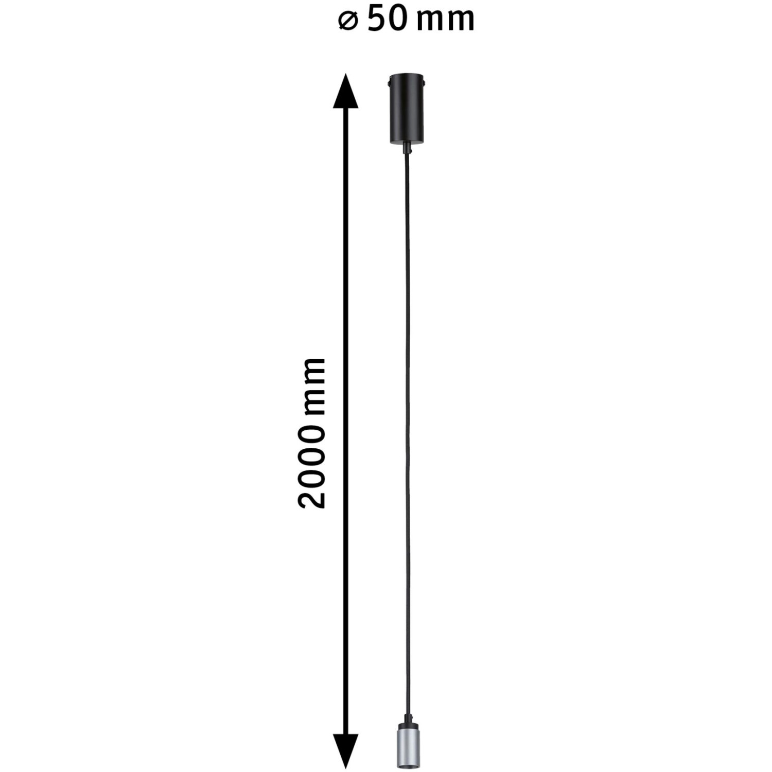 Paulmann Runa Pendelleuchte, schwarz-anthrazit, mit Maßangaben zur Länge und Durchmesser.