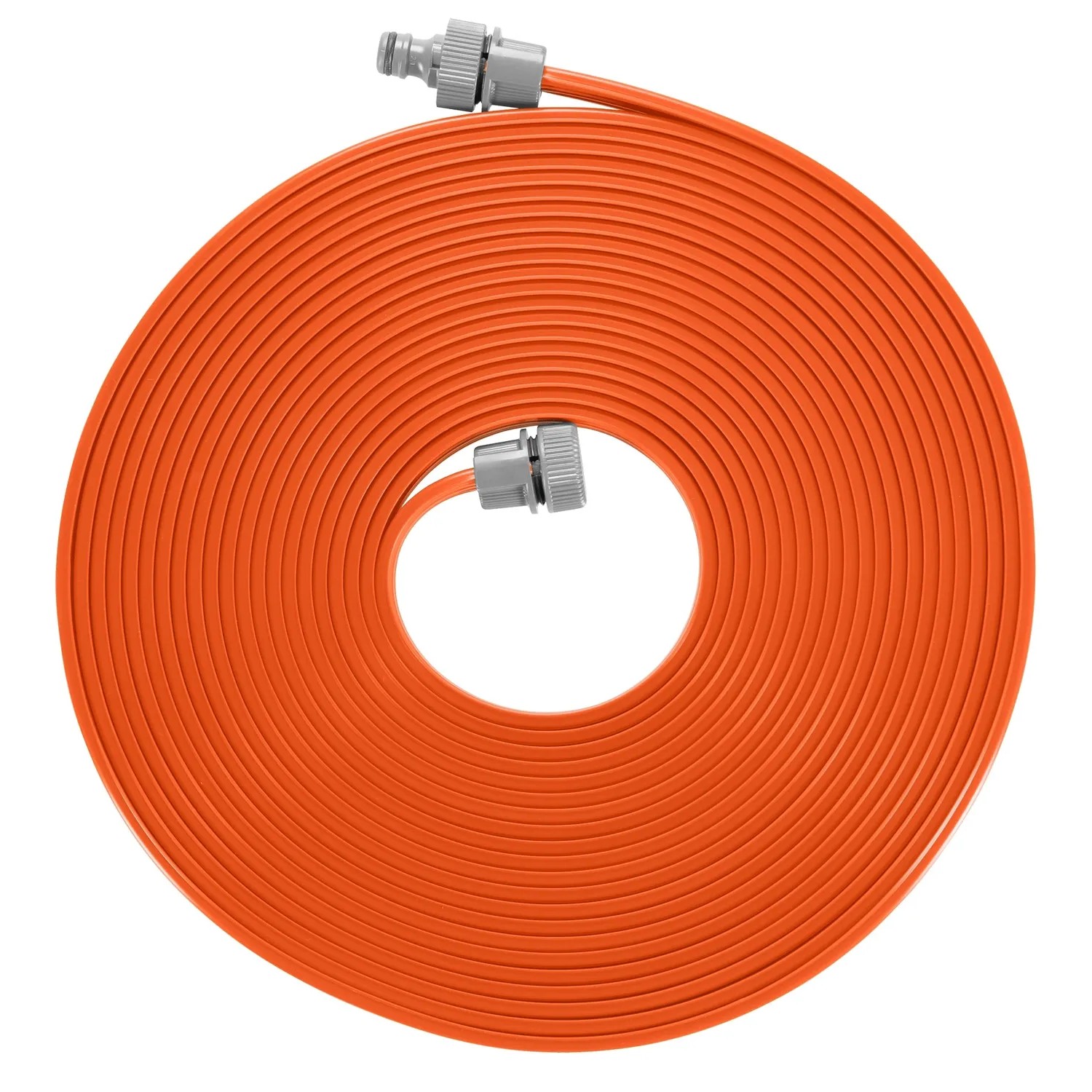 Gardena Schlauchregner 15m, orange, aufgerollt mit Armaturen.