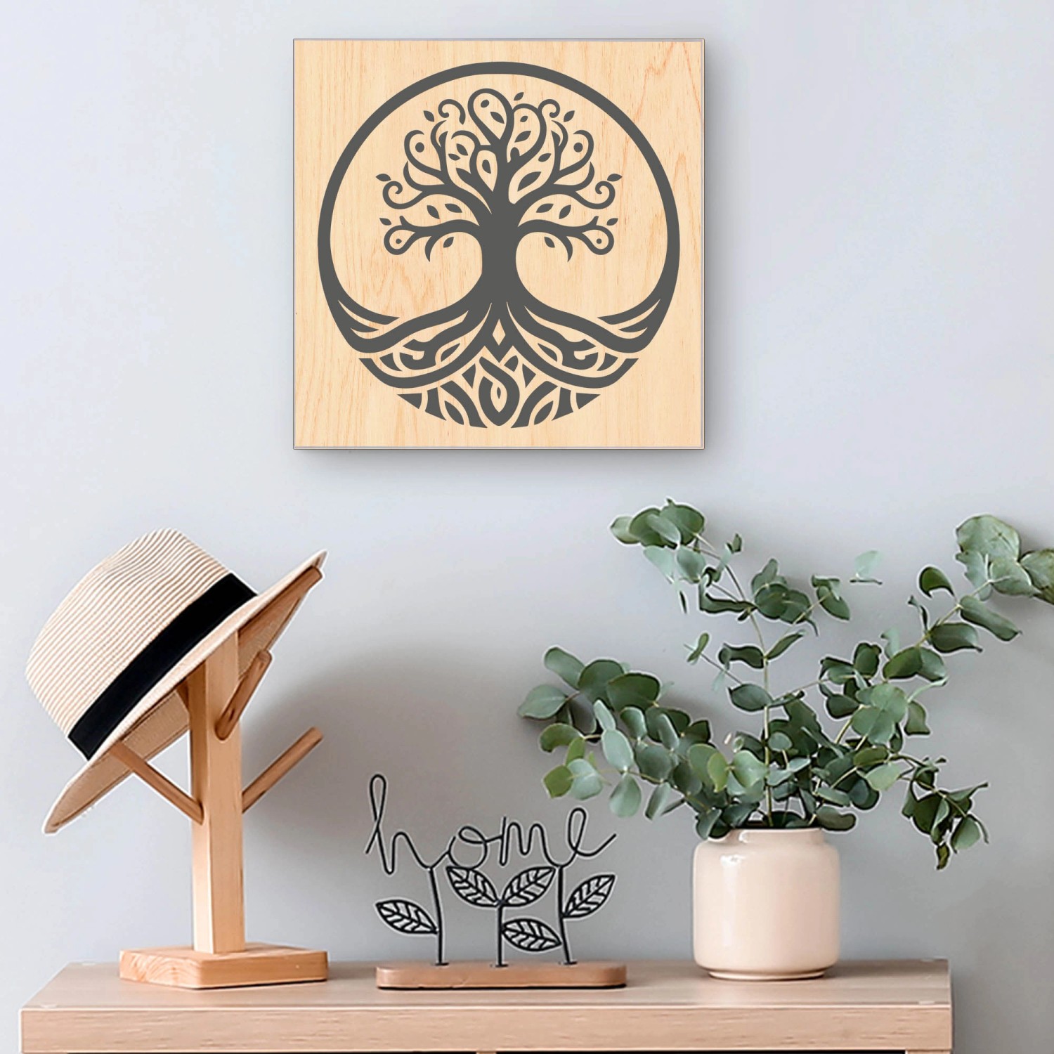 Banjado Schlüsselkasten aus Holz, 30x30cm, mit Lebensbaum-Motiv und 50 Haken zur Schlüsselaufbewahrung.