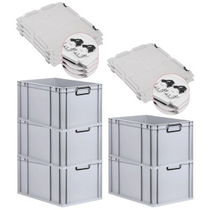 PROREGAL SuperSparSet: 5 graue Euroboxen mit Deckel, 65L, mit schwarzen Griffen. Stapelbare Aufbewahrungsboxen.