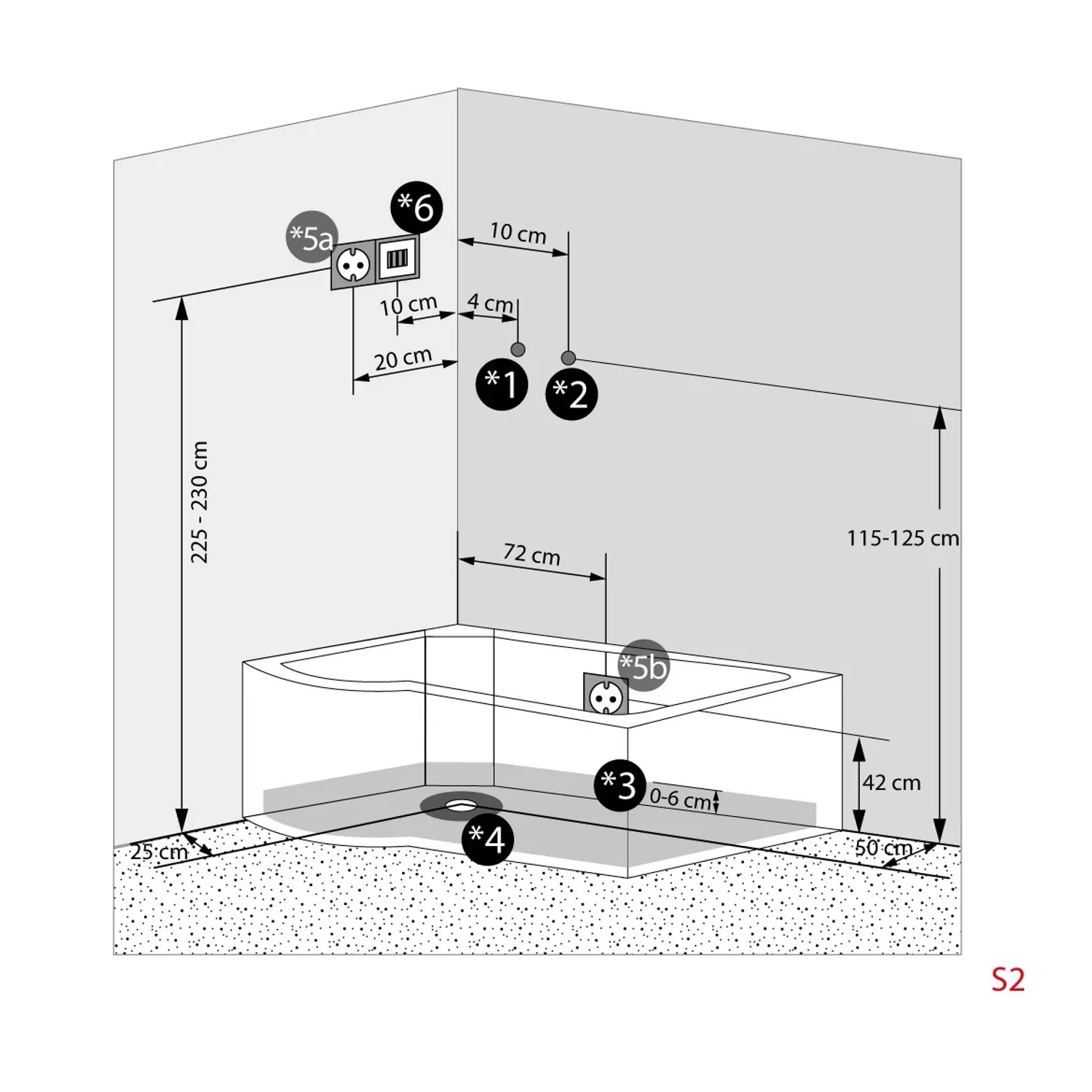 Skizze der AcquaVapore Whirlpool Dusche K55-R01-WP mit Maßangaben zu Anschlüssen.