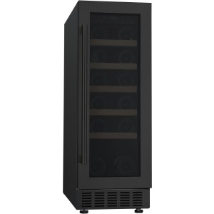 Schwarzer PKM Weintemperierschrank UWTS56-20G mit Glastür und Holzböden für 20 Flaschen.