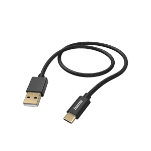 Schwarzes Hama Ladekabel (USB-A auf USB-C) mit Nylon-Ummantelung, 1,5 m lang.