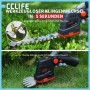 CCLIFE Akku Gras- & Heckenschere 2in1. Oben: Heckenschere schneidet Strauch. Unten: Grasschere trimmt Rasen.