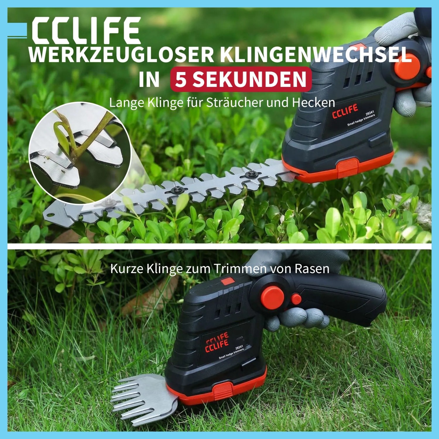 CCLIFE Akku Gras- & Heckenschere 2in1. Oben: Heckenschere schneidet Strauch. Unten: Grasschere trimmt Rasen.