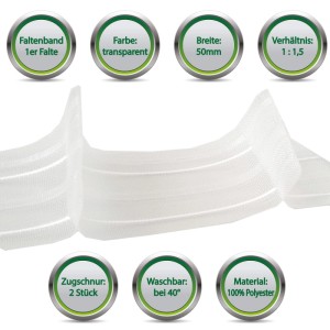 Bestgoodies Faltenband, 50mm breit, transparent, für Fenstervorhänge mit leichter Faltenbildung.