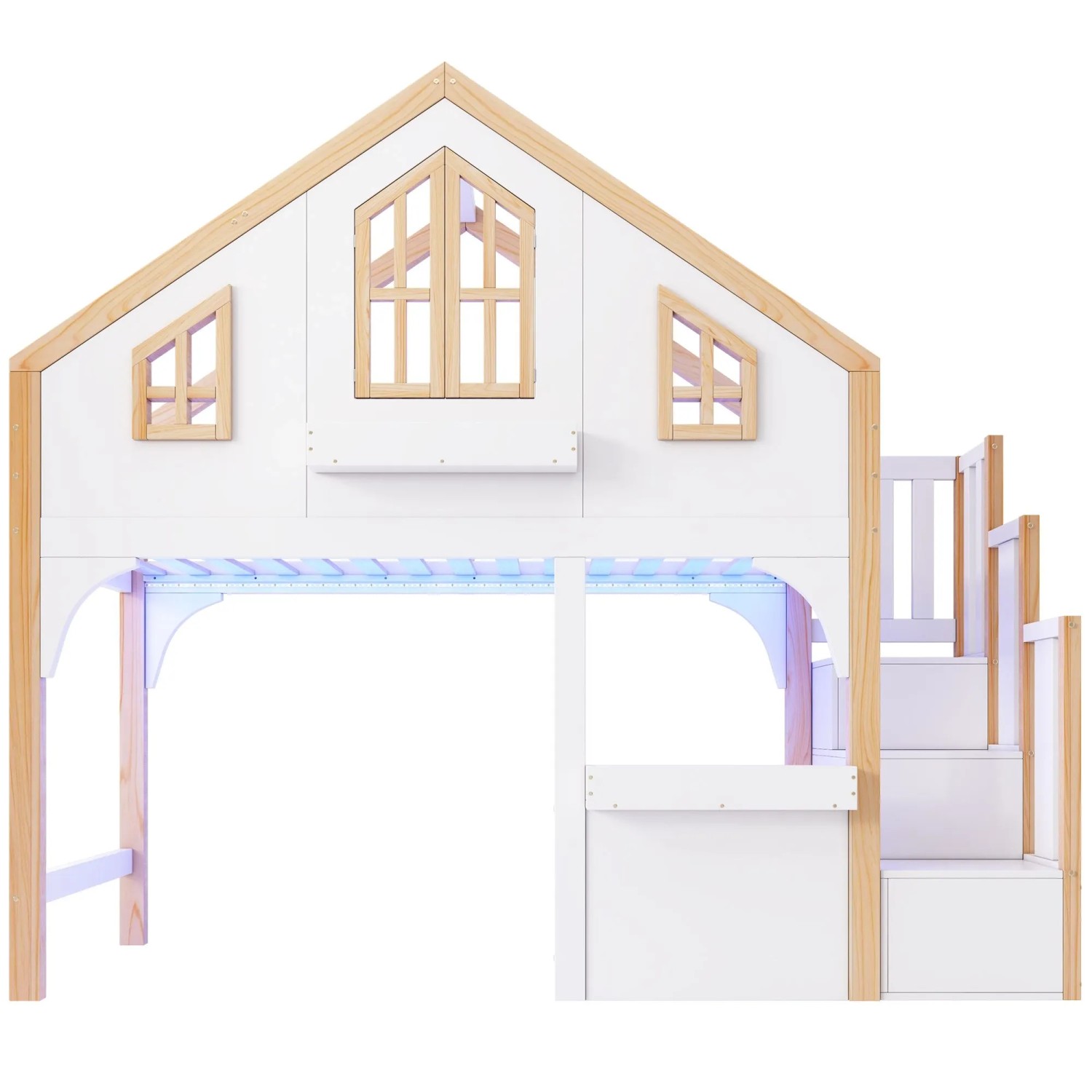 Merax Hausbett 90 x 200 cm mit LED Stauraumtreppe Weiß Natur