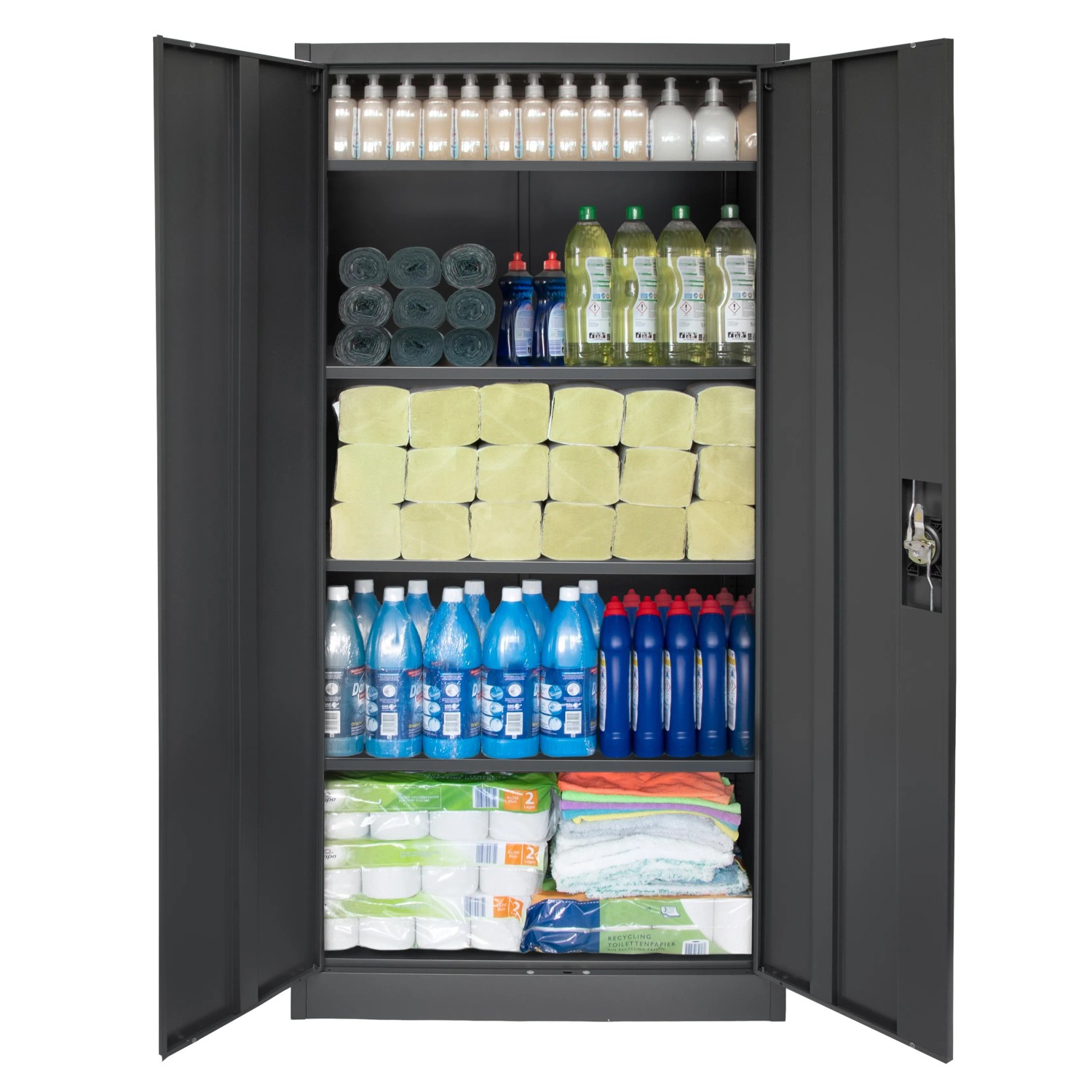 Offener, anthrazitfarbener Rikta Metallschrank (168 cm) mit Reinigungs- und Haushaltsprodukten auf den Einlegeböden.