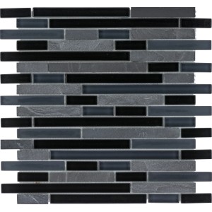 Mosaikmatte Black Line aus Glas und Schiefer, 30x30 cm. Schwarze und graue Mosaikfliesen.