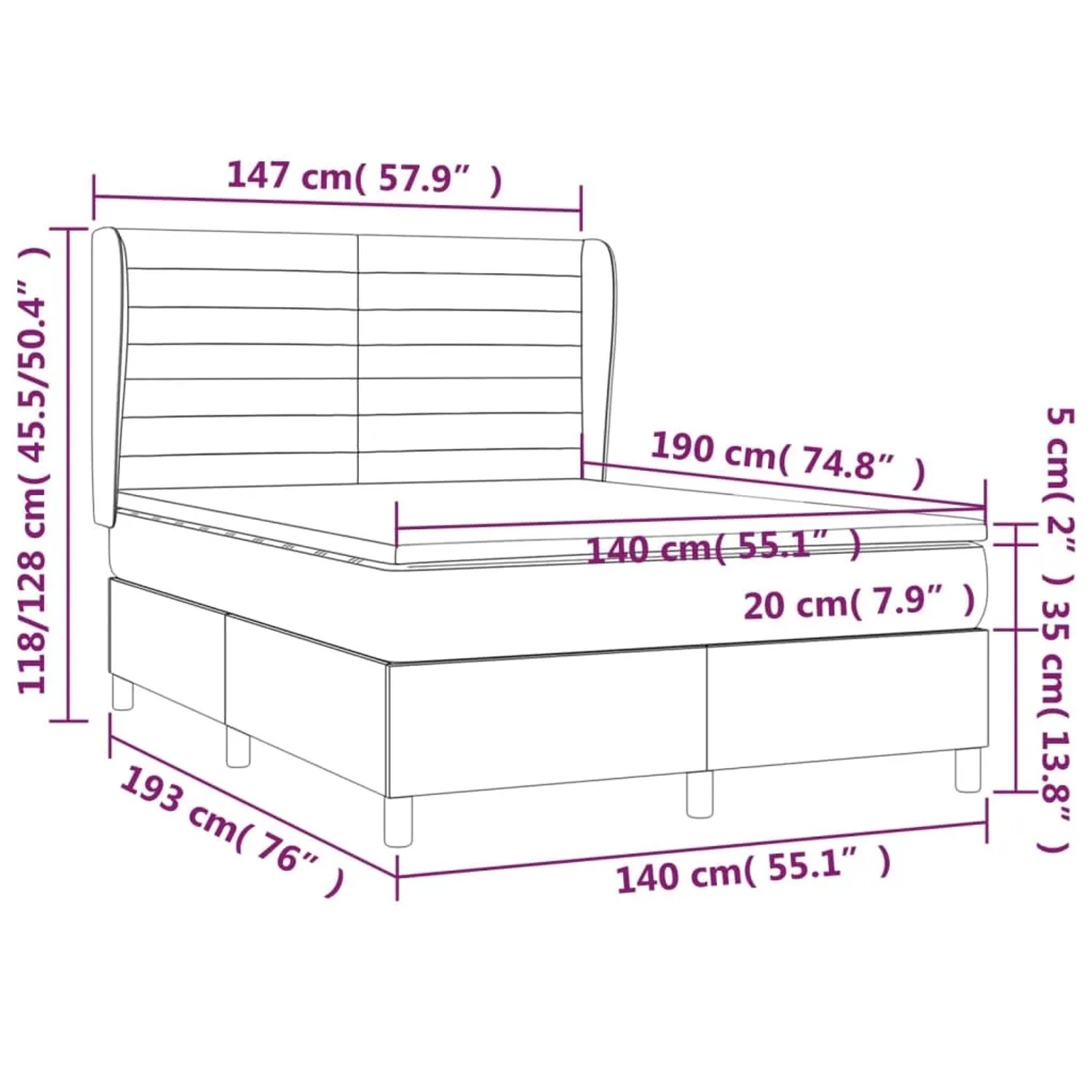 Skizze eines taupefarbenen vidaXL Boxspringbetts 140x190 cm mit Matratze und Maßangaben.