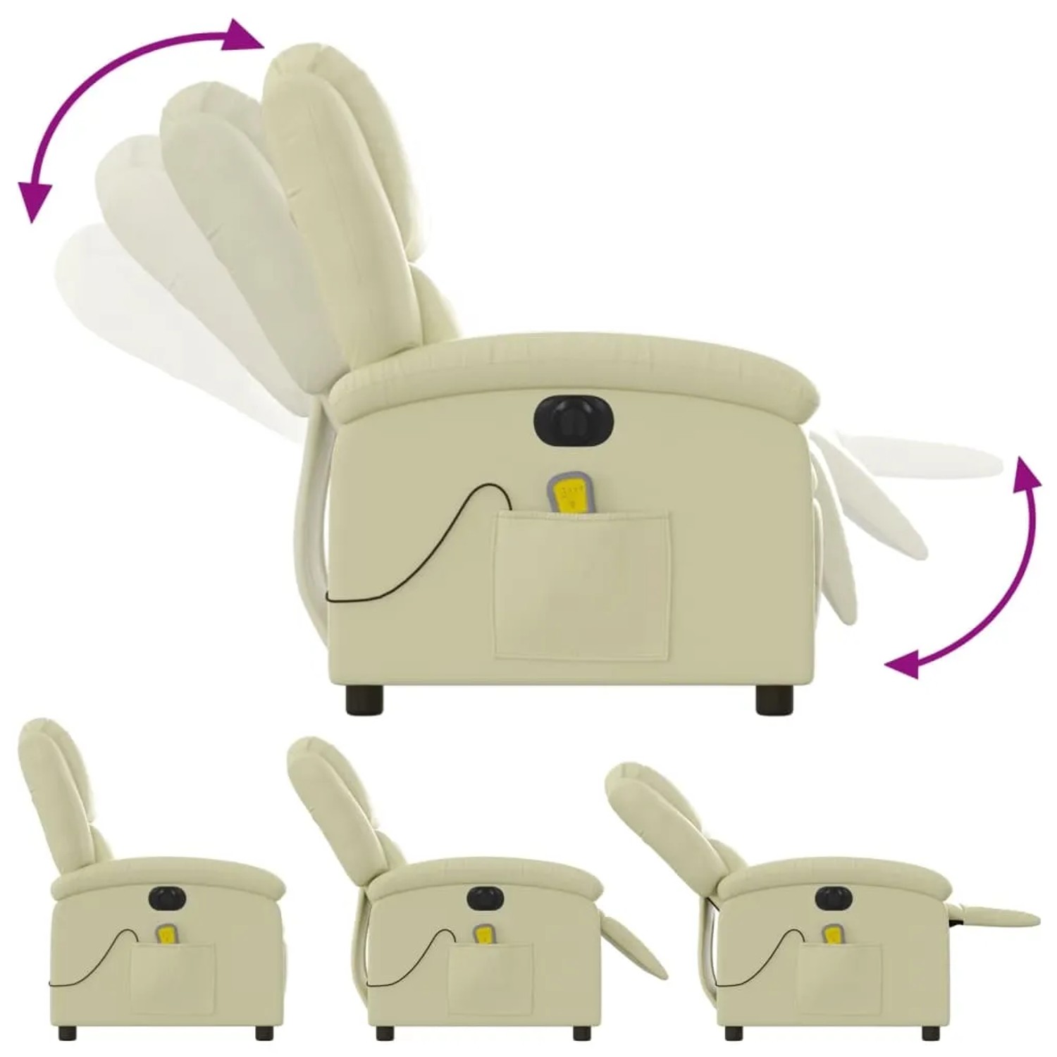 Elektrischer Massagesessel in Creme aus Echtleder mit verstellbarer Rückenlehne und Fußstütze.
