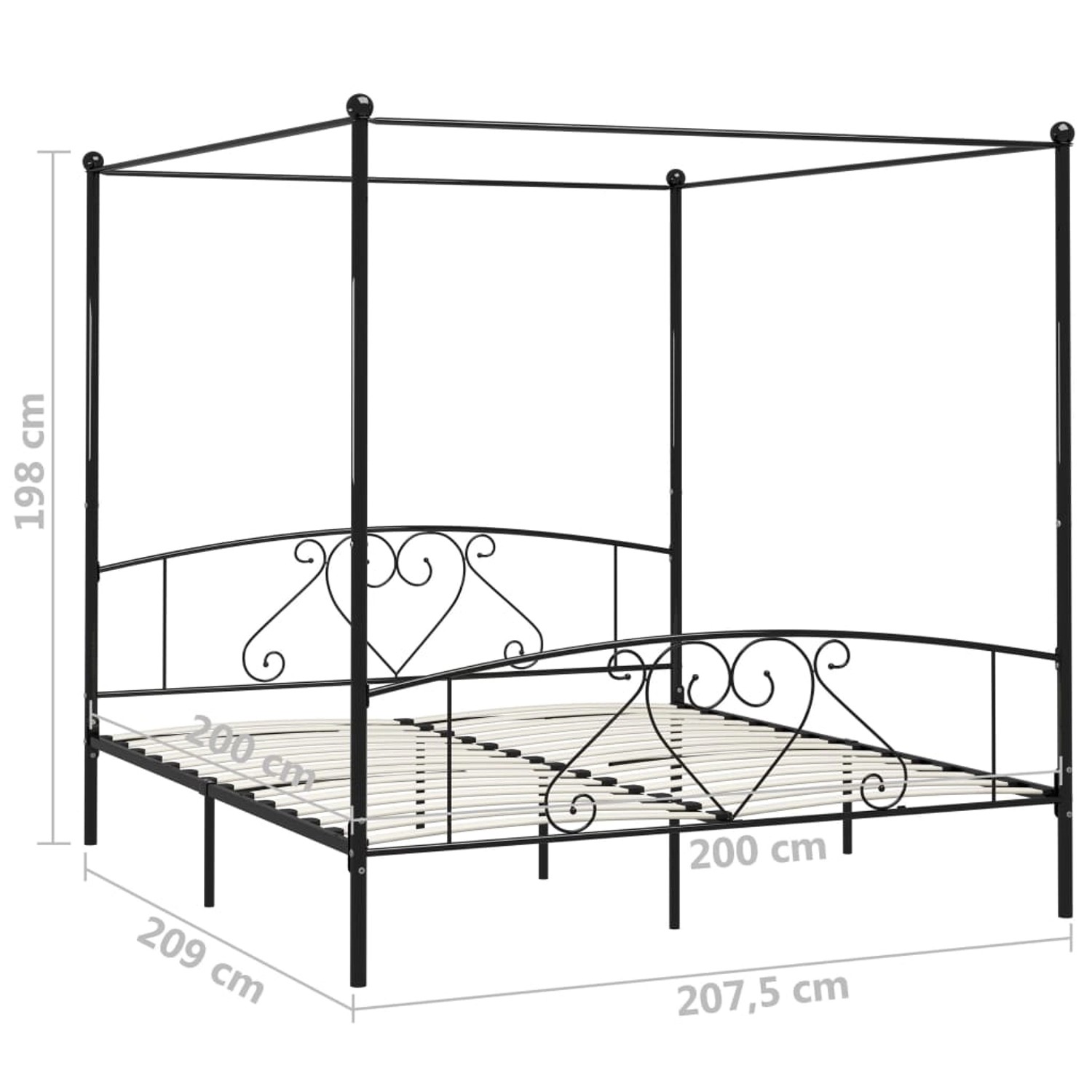 Schwarzes vidaXL Himmelbett-Gestell aus Metall, 200x200 cm, mit Lattenrost (ohne Matratze).
