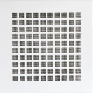 Weißes, eckiges Upmann Lüftungsgitter aus Stahl, 200x200mm, mit feinem Insektenschutzgitter.
