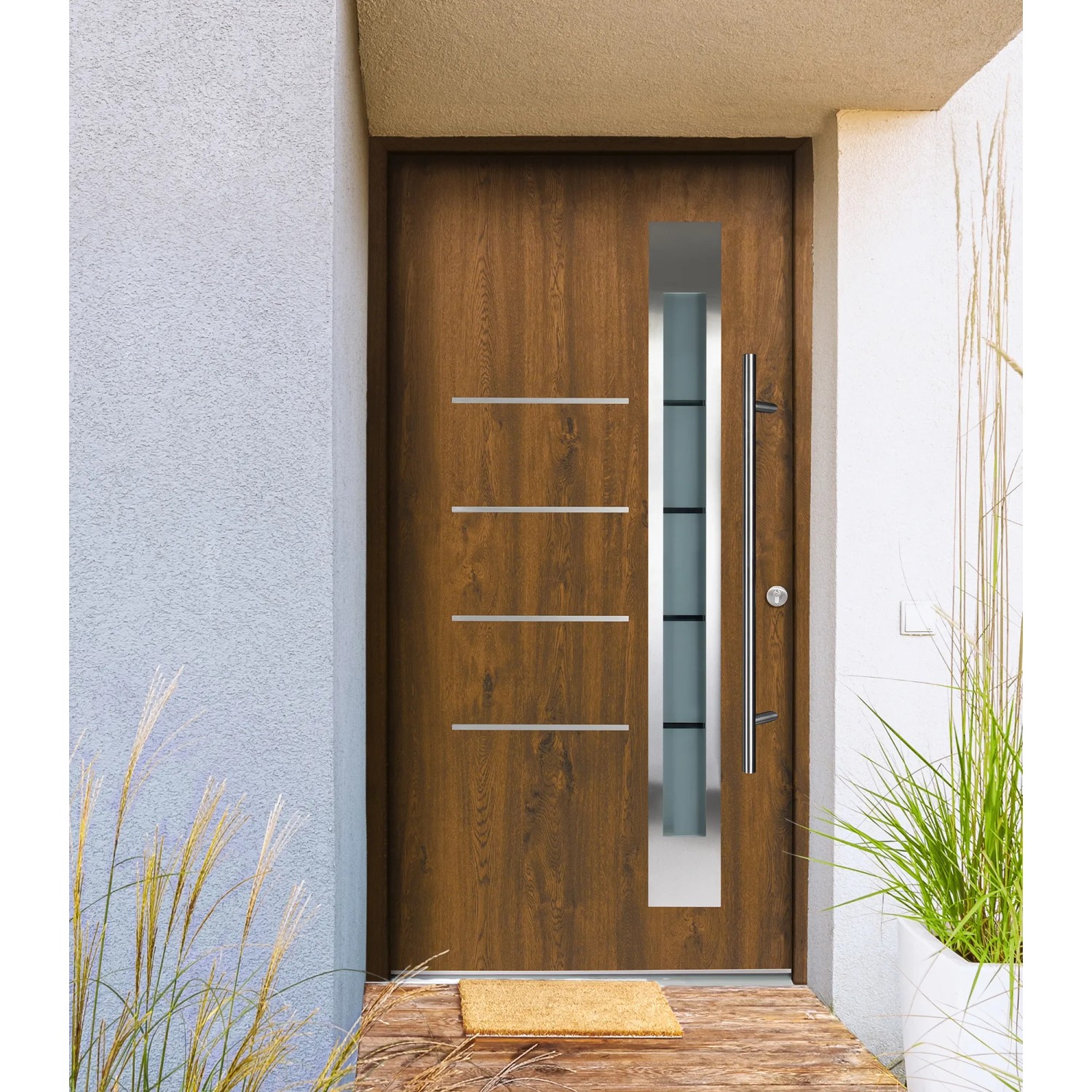 Moderne Splendoor Haustür Berlin Prime in Nussbaum mit Edelstahl-Applikationen und Glaseinsatz.