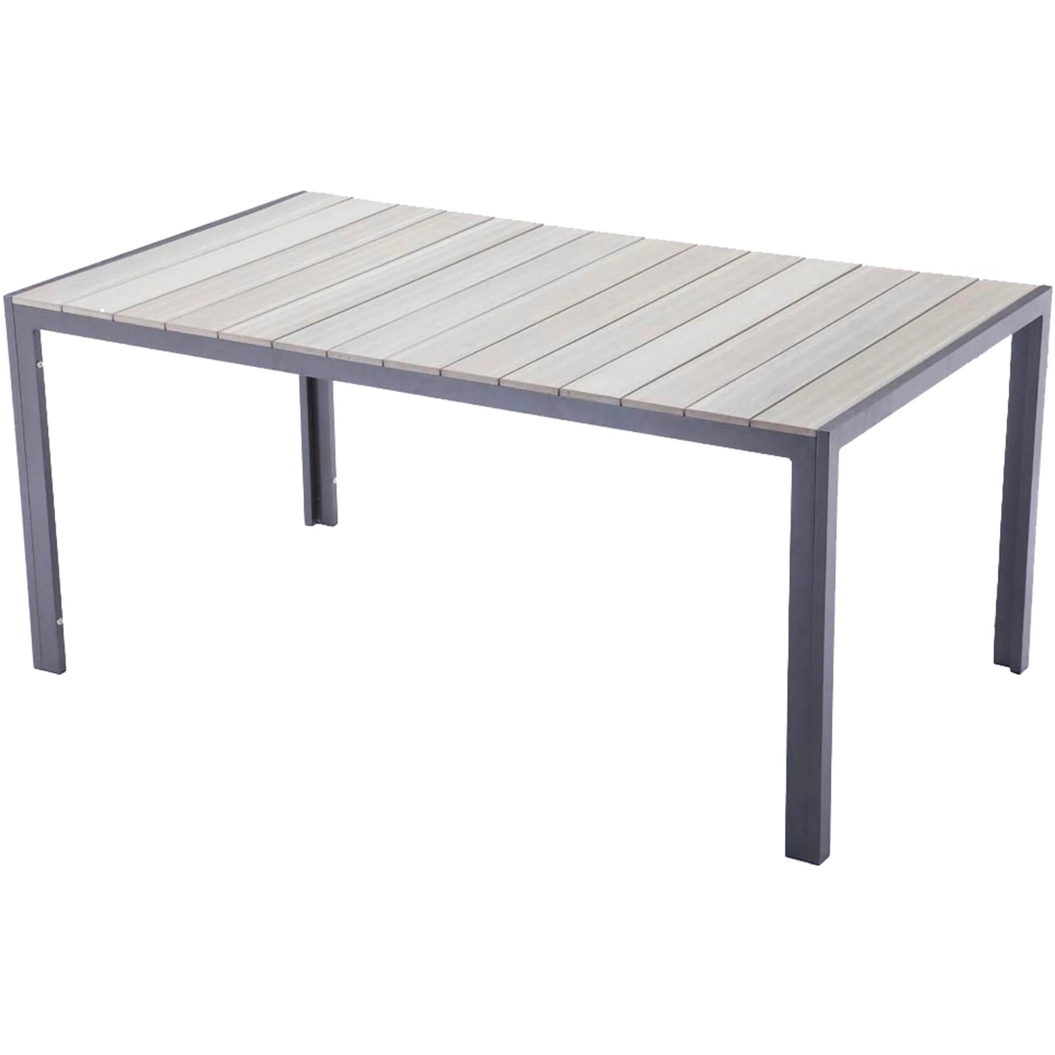 Graue 5-teilige Sitzgruppe Olivia: Tisch mit Nonwood-Lattung und Aluminiumgestell.