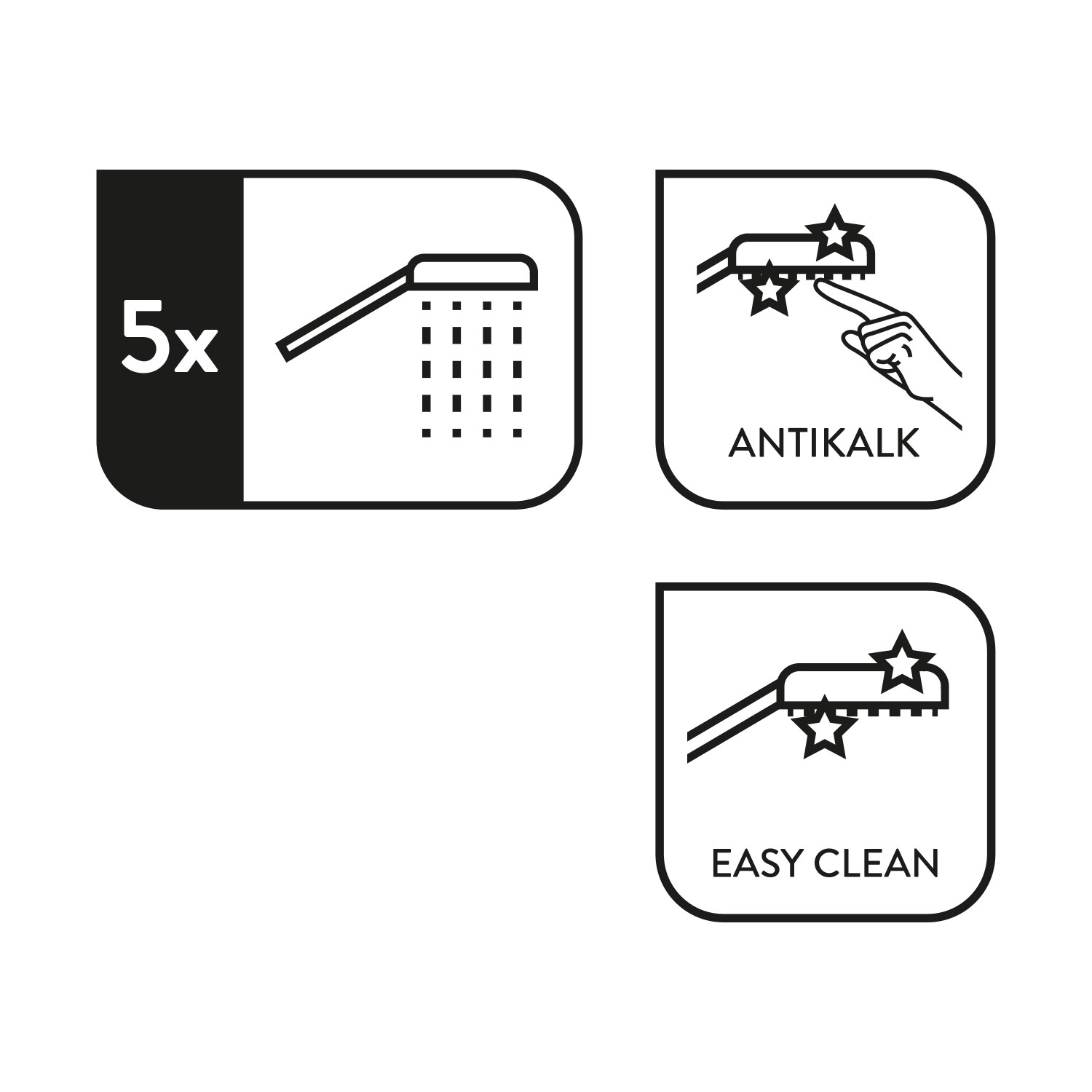 Icons der baliv Handbrause: 5 Strahlarten, Antikalk-Funktion und einfache Reinigung.