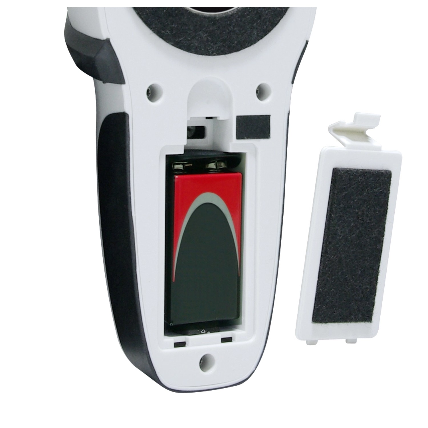 Laserliner MultiFinder Plus Ortungsgerät mit geöffnetem Batteriefach und eingesetzter 9V Batterie.