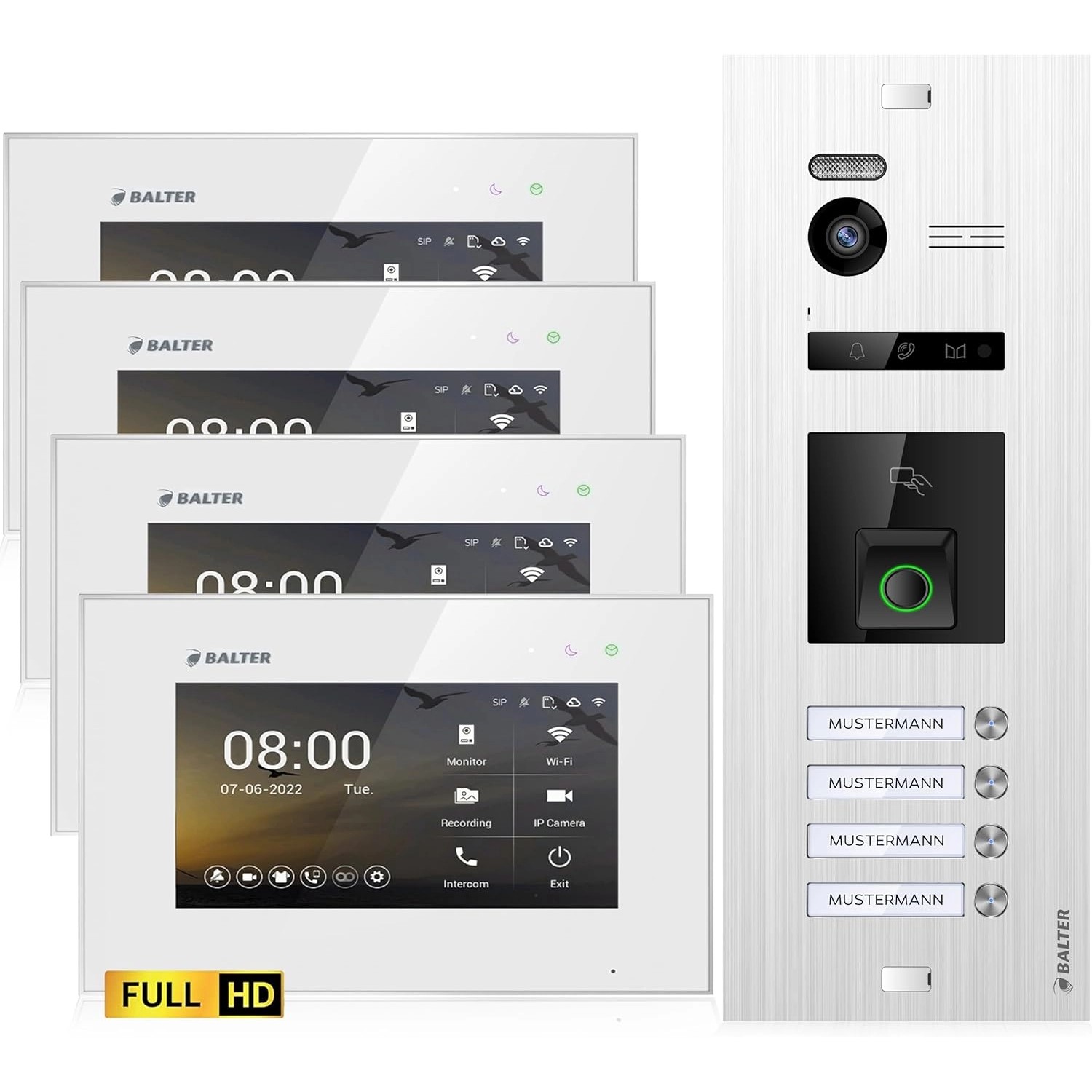Balter EVO-HD Video-Türsprechanlage mit Fingerprint für Vierfamilienhaus mit 4x 7 Zoll Monitor Silber-Weiß
