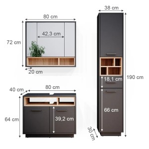 Vicco Badmöbel-Set Beatrice, 3-teilig, Anthrazit/Sonoma: Spiegelschrank, Unterschrank, Hochschrank.