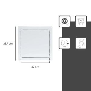 Weiße Protektor Revisionsklappe 20x20cm aus Stahl mit Schnappverschluss, Maßeinteilung.