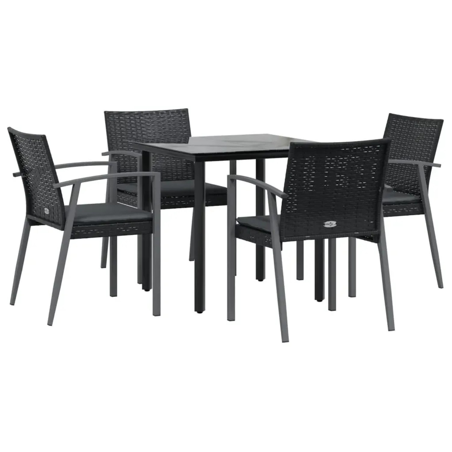 vidaXL 5-tlg. Garten-Essgruppe aus Polyrattan und Stahl, schwarz. Gartentisch mit 4 Stühlen und Kissen.