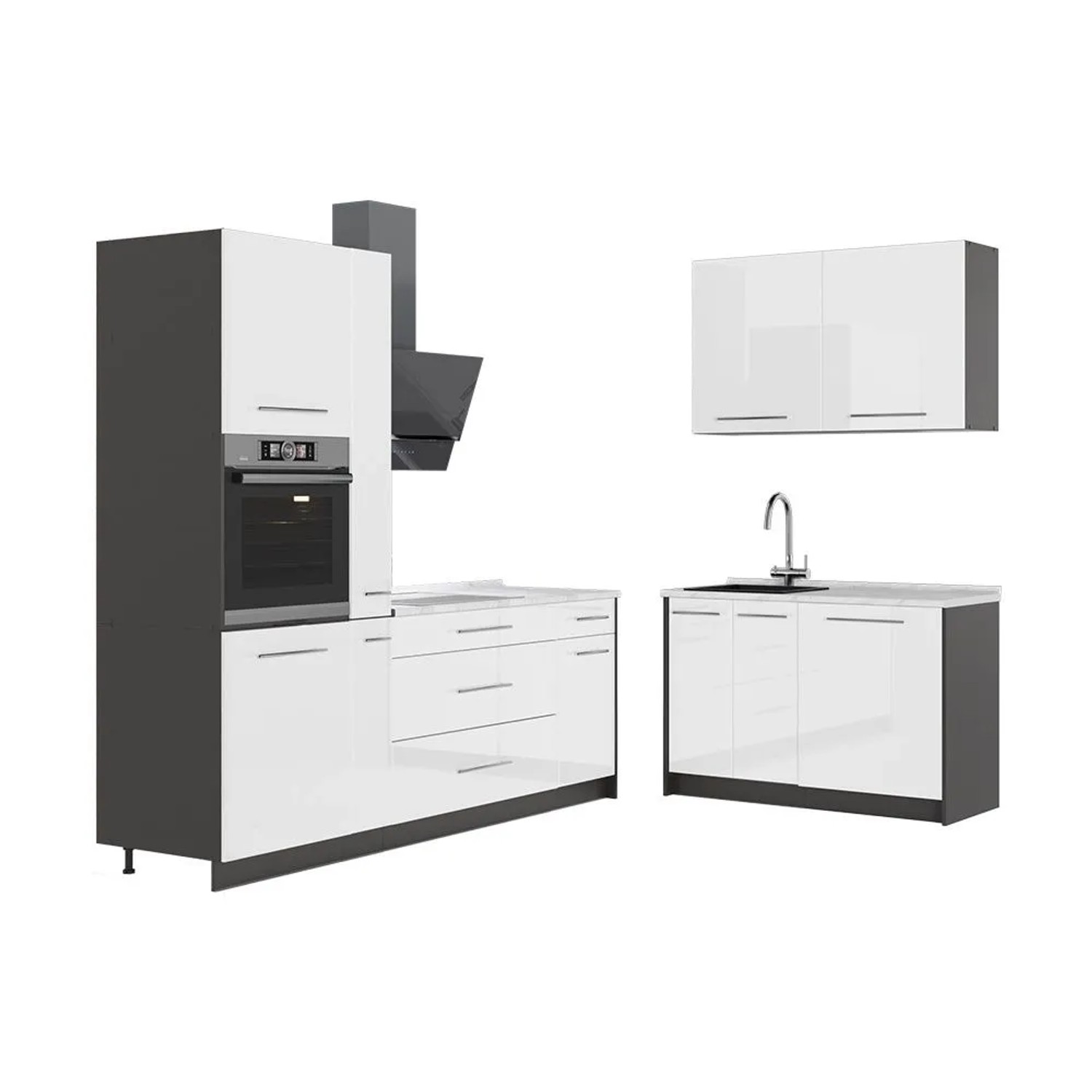 Vicco Küchenzeile Fame-Line Weiß Hochglanz/Anthrazit 220 x 207 AP Marmor Art Nr 64965