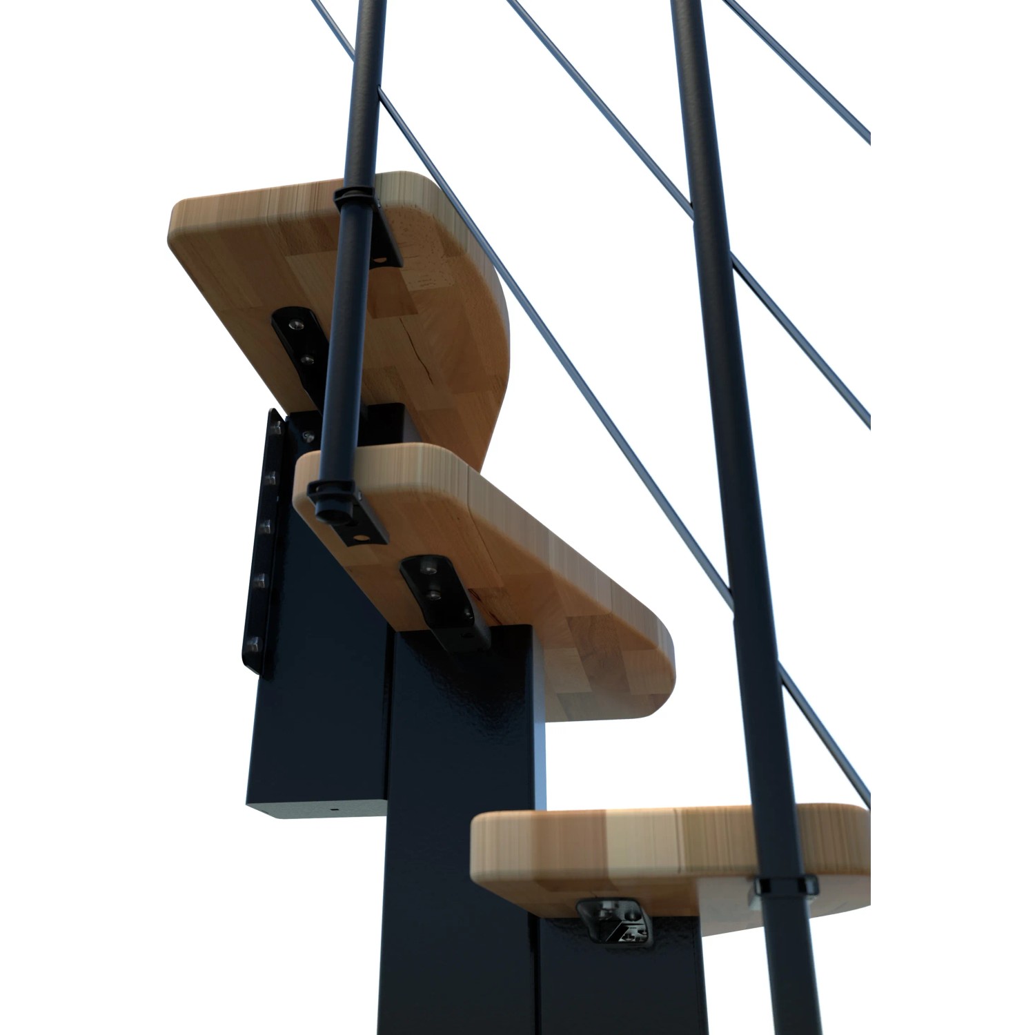 Detailansicht Minka Raumspartreppe Quatro Buche/Schwarz, Innentreppe mit Holzstufen und schwarzem Metallgeländer.